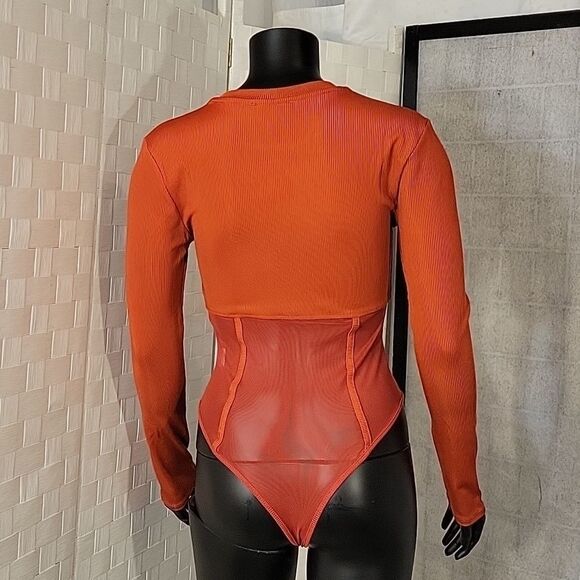 BRAND NEW LONG SLEEVES MESH INSERT HIGH NECK SOLID SHEER THONG SNAP BODYSUIT - Picture 8 of 16